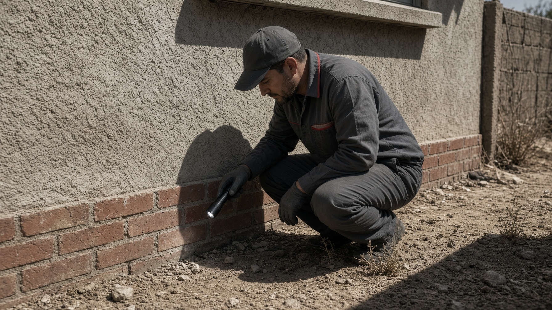 Licensed technician inspecting foundation and perimeter of a Laredo home